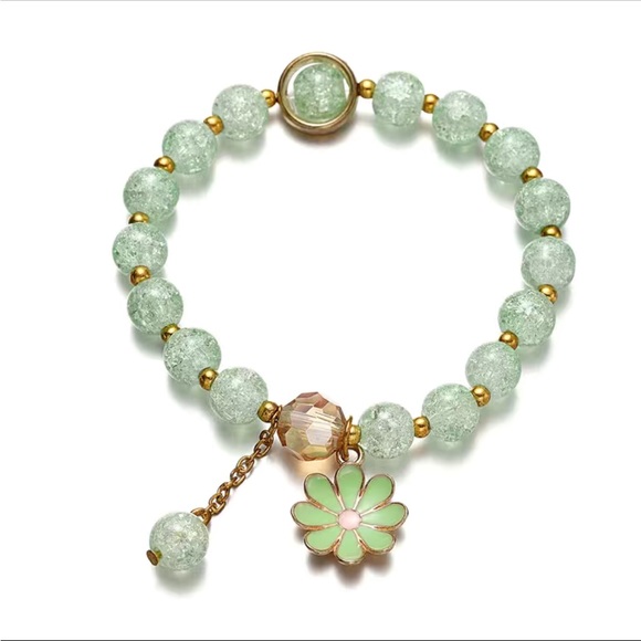 Frosted Green Beaded Bracelet with Flower Charm - Picture 1 of 5